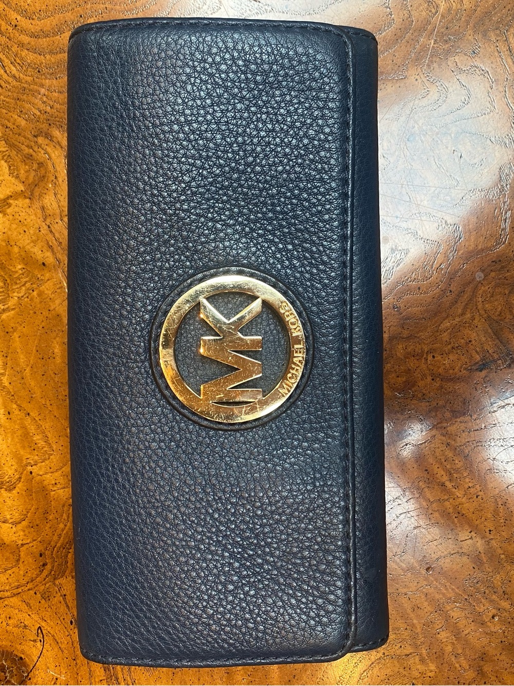 Michael Kors Black Pebbled Leather Wallet with Gold MK Emblem